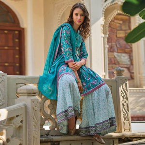 Blue Floral Printed Pure Cotton Sharara Suit - Peachmode