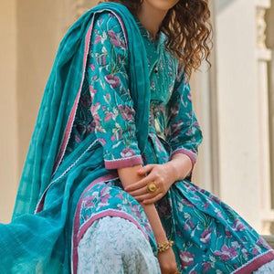 Blue Floral Printed Pure Cotton Sharara Suit - Peachmode