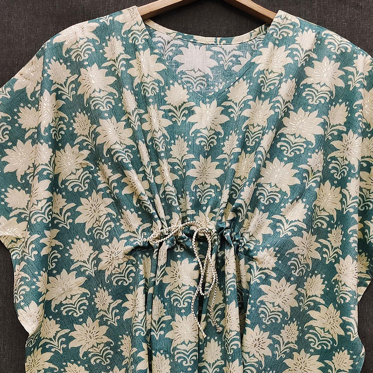 Blue Floral Printed Rayon Kaftan Top - Peachmode