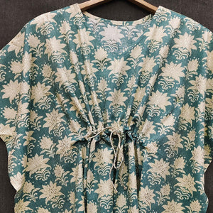 Blue Floral Printed Rayon Kaftan Top - Peachmode