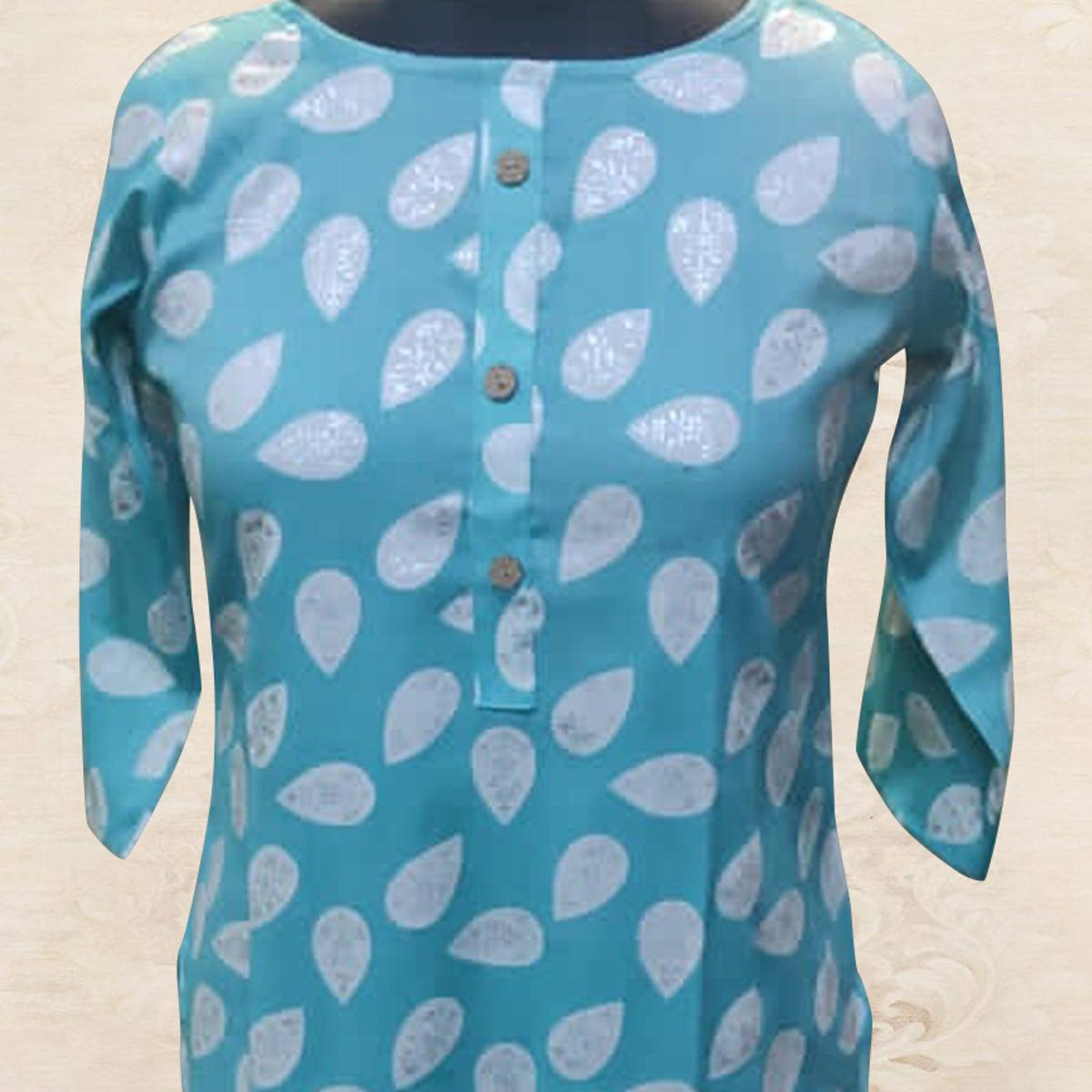 Blue Floral Printed Rayon Kurti - Peachmode