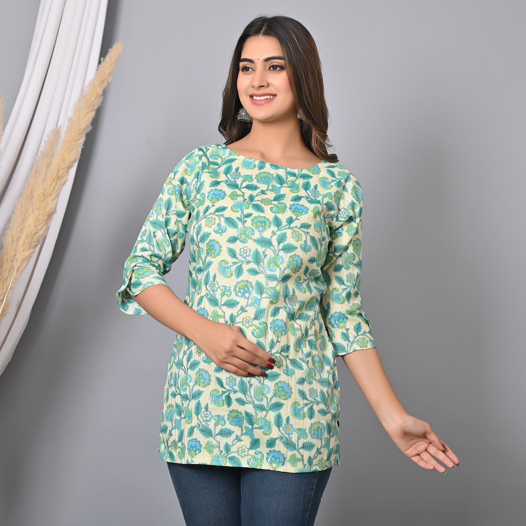 Blue Floral Printed Rayon Top - Peachmode