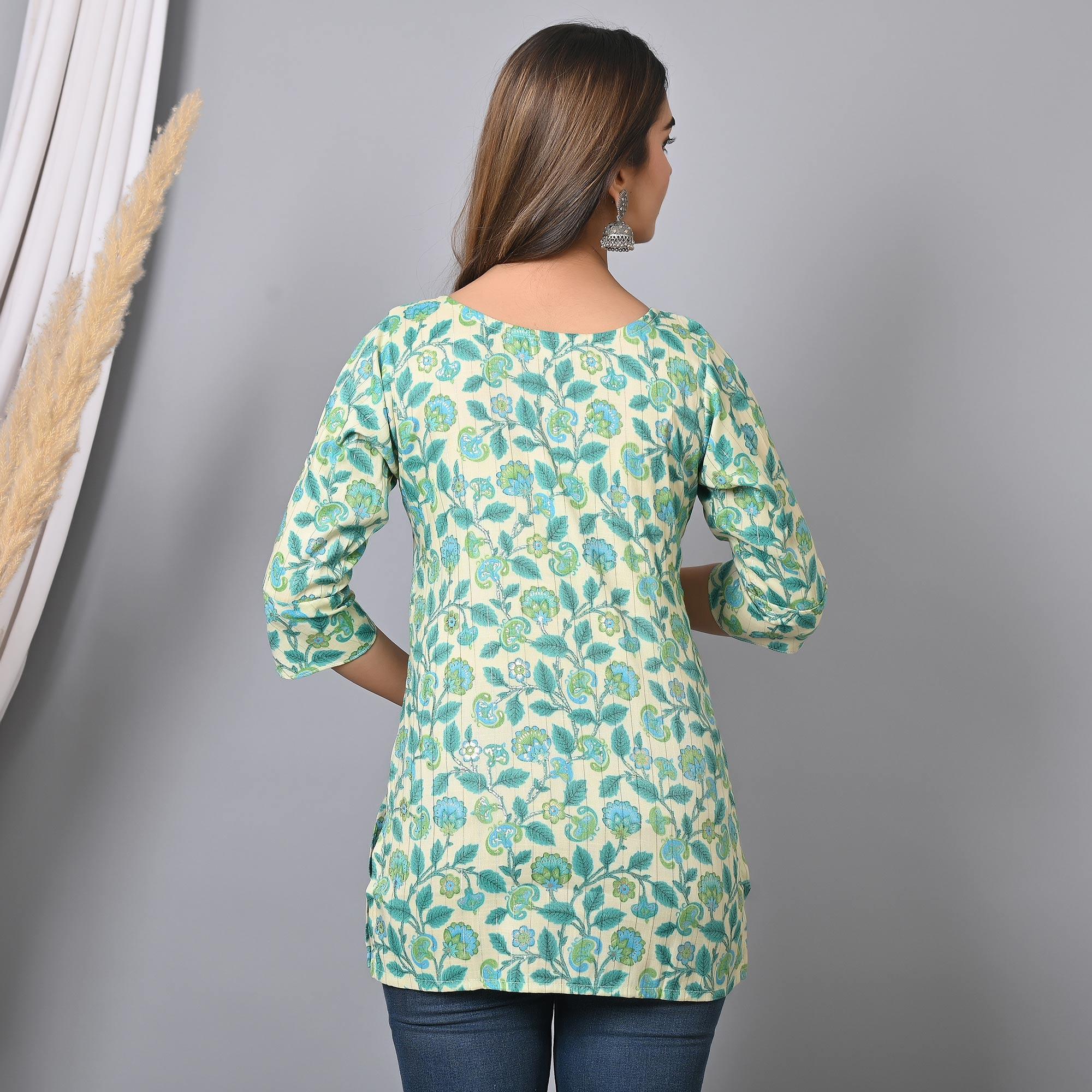 Blue Floral Printed Rayon Top - Peachmode