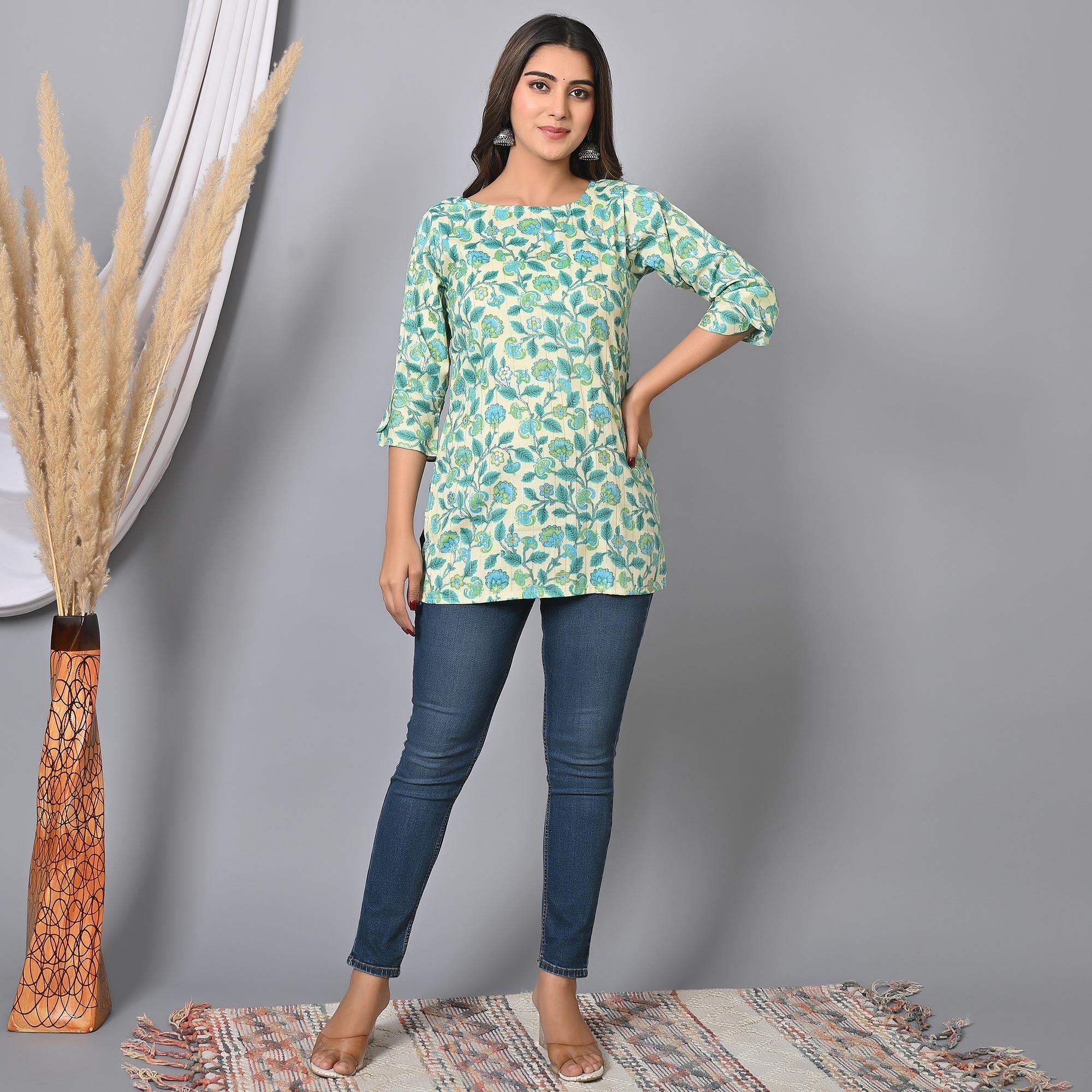 Blue Floral Printed Rayon Top - Peachmode