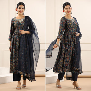 Blue Floral Printed With Sequence Work Muslin Anarkali Suit - Peachmode