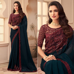 Blue Floral Sequence Embroidered Art Silk Saree - Peachmode