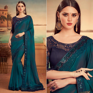 Blue Floral Sequence Embroidered Art Silk Saree - Peachmode