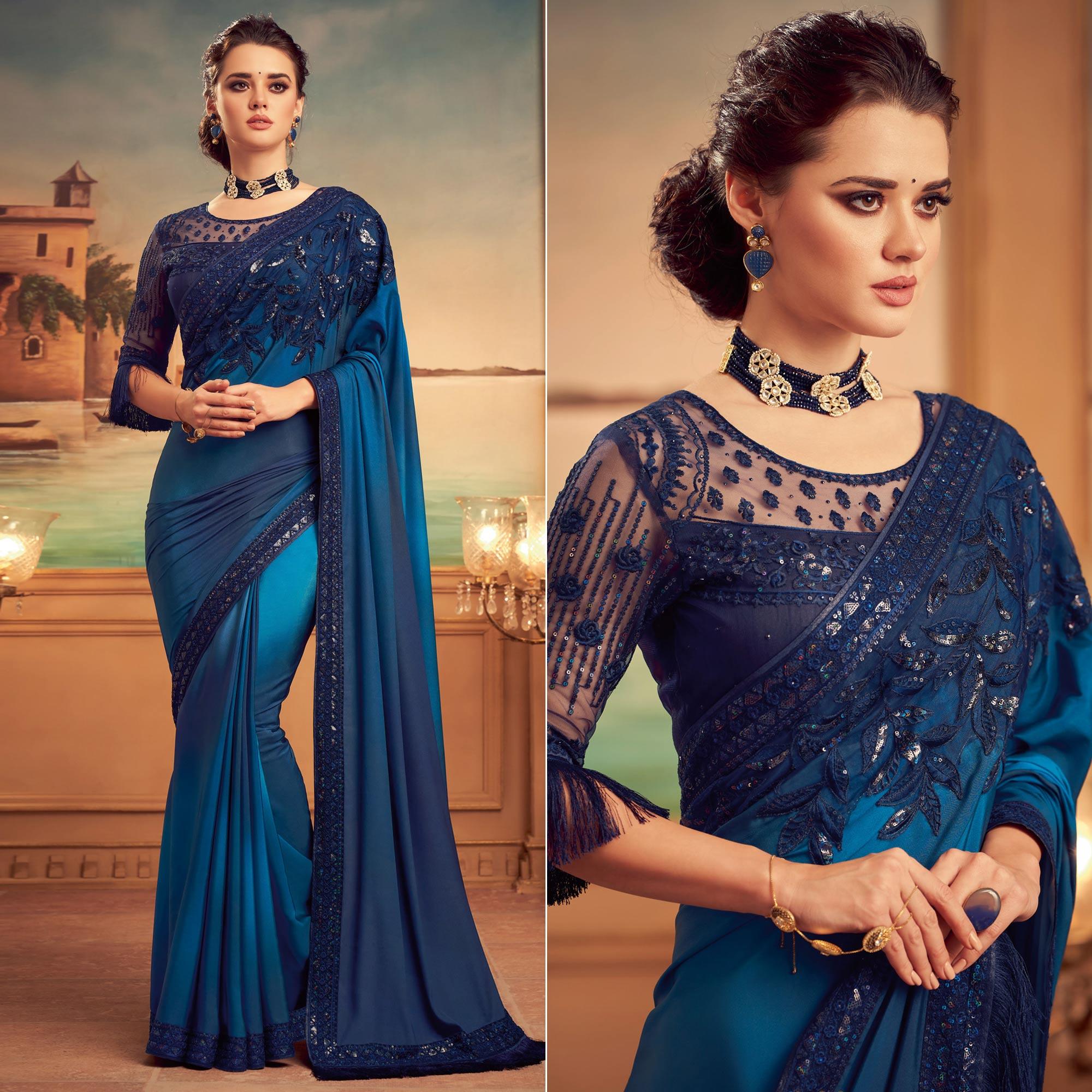 Blue Floral Sequence Embroidered Art Silk Saree - Peachmode