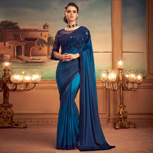 Blue Floral Sequence Embroidered Art Silk Saree - Peachmode