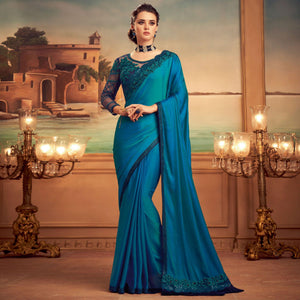 Blue Floral Sequence Embroidered Art Silk Saree - Peachmode