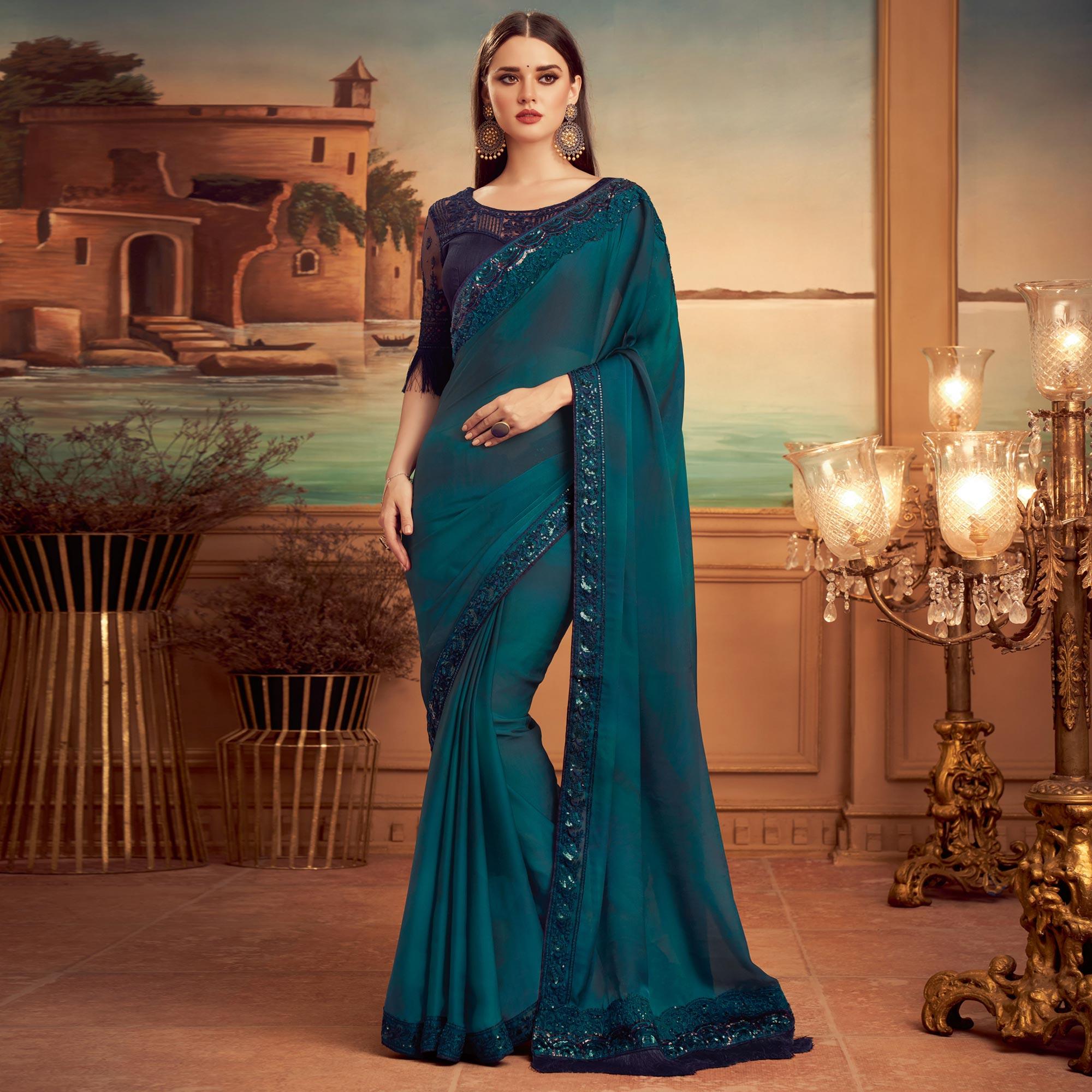 Blue Floral Sequence Embroidered Art Silk Saree - Peachmode