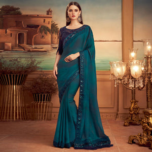 Blue Floral Sequence Embroidered Art Silk Saree - Peachmode