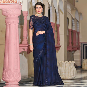 Blue Floral Sequence Embroidered Art Silk Saree - Peachmode