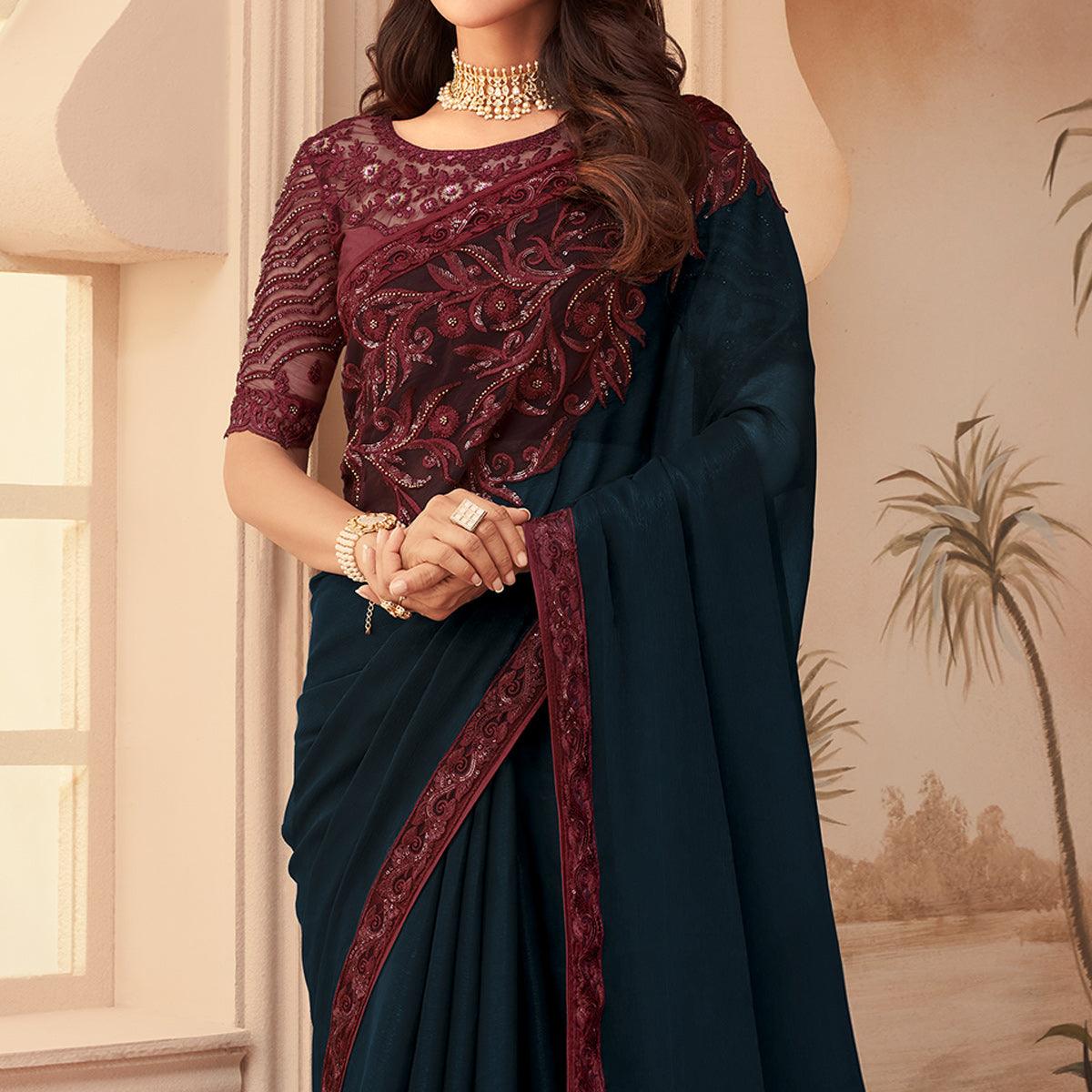 Blue Floral Sequence Embroidered Art Silk Saree - Peachmode