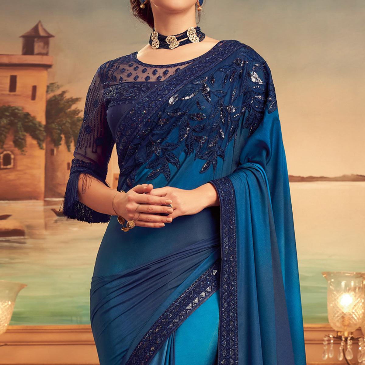 Blue Floral Sequence Embroidered Art Silk Saree - Peachmode