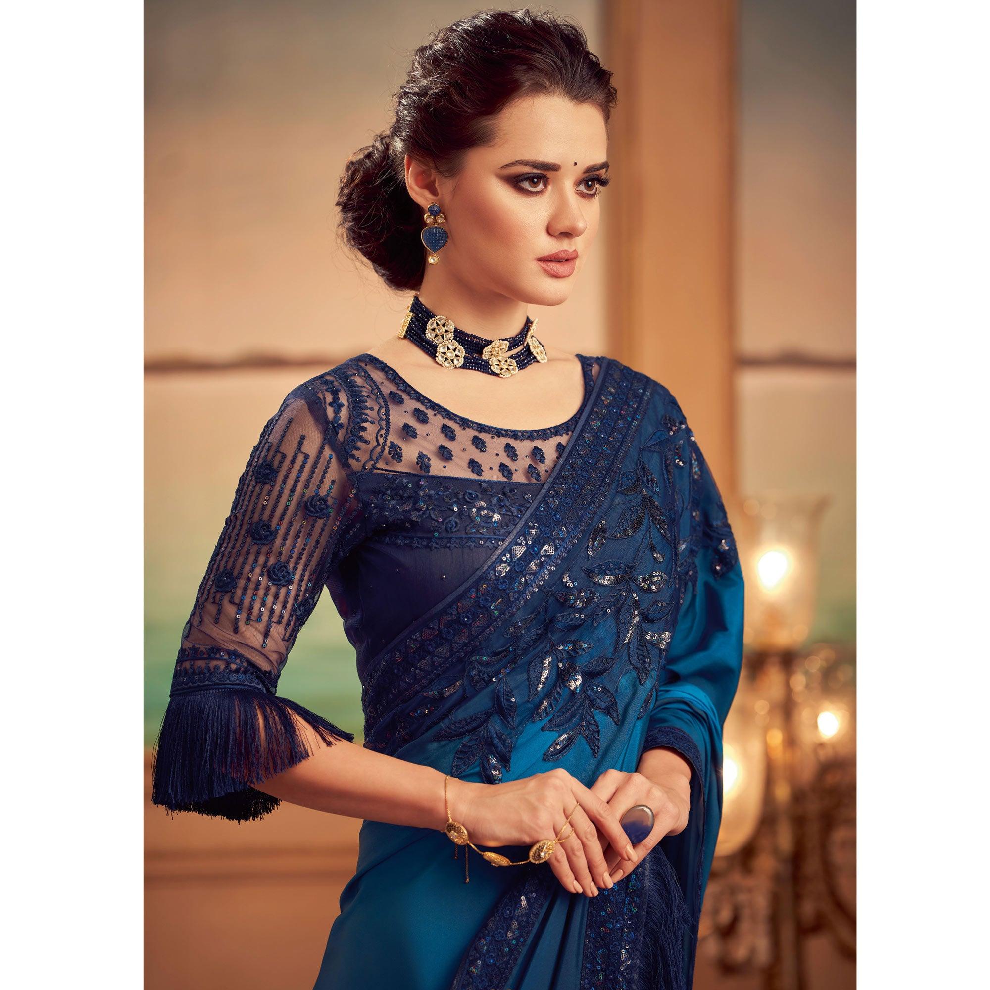 Blue Floral Sequence Embroidered Art Silk Saree - Peachmode