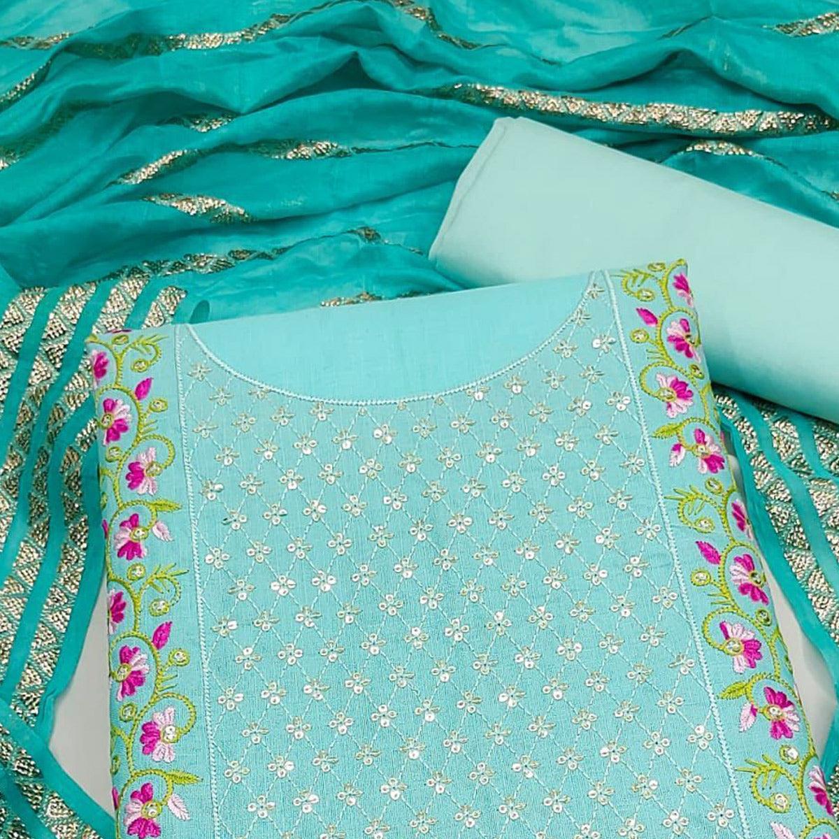 Blue Floral Sequence Embroidered Cotton Blend Dress Material - Peachmode