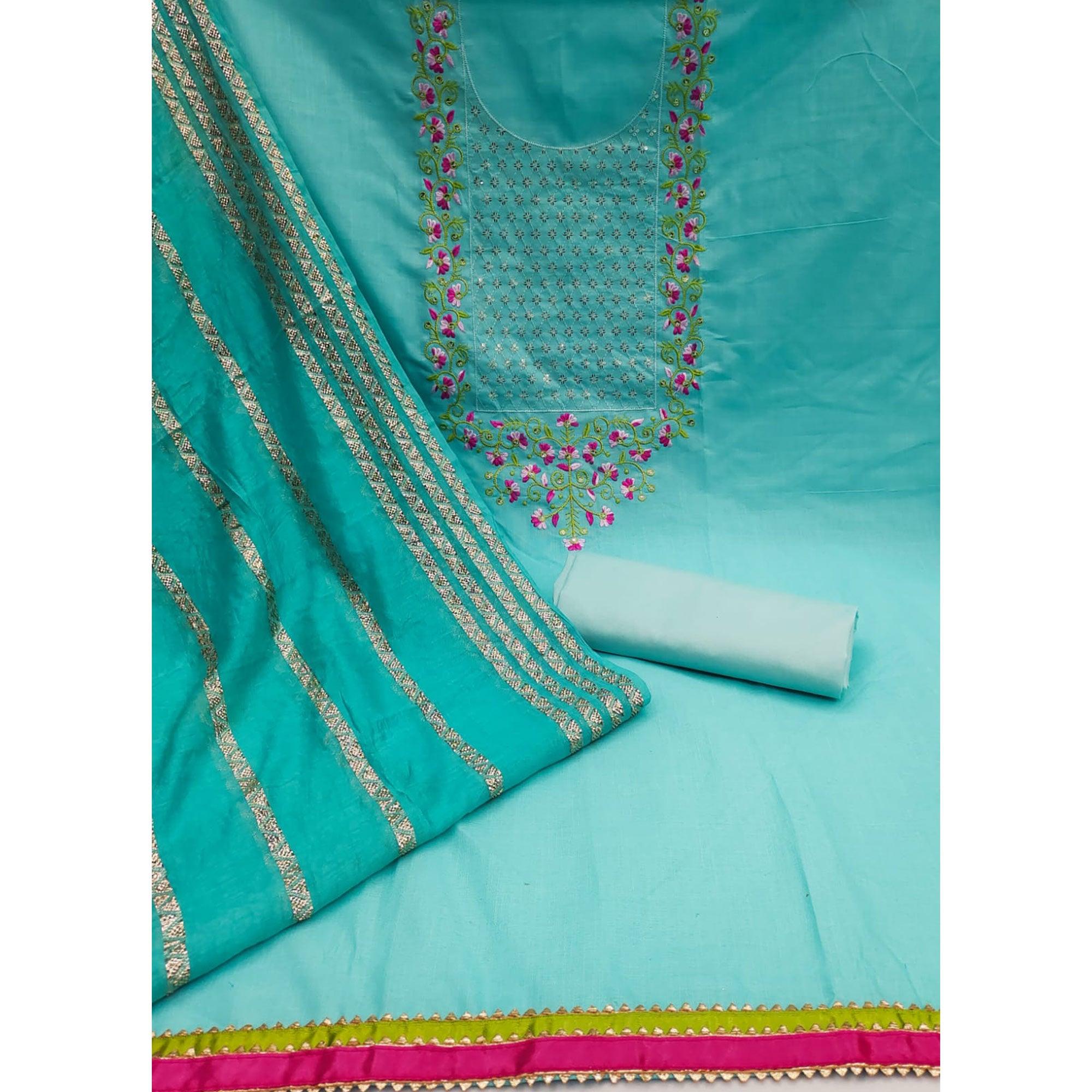 Blue Floral Sequence Embroidered Cotton Blend Dress Material - Peachmode