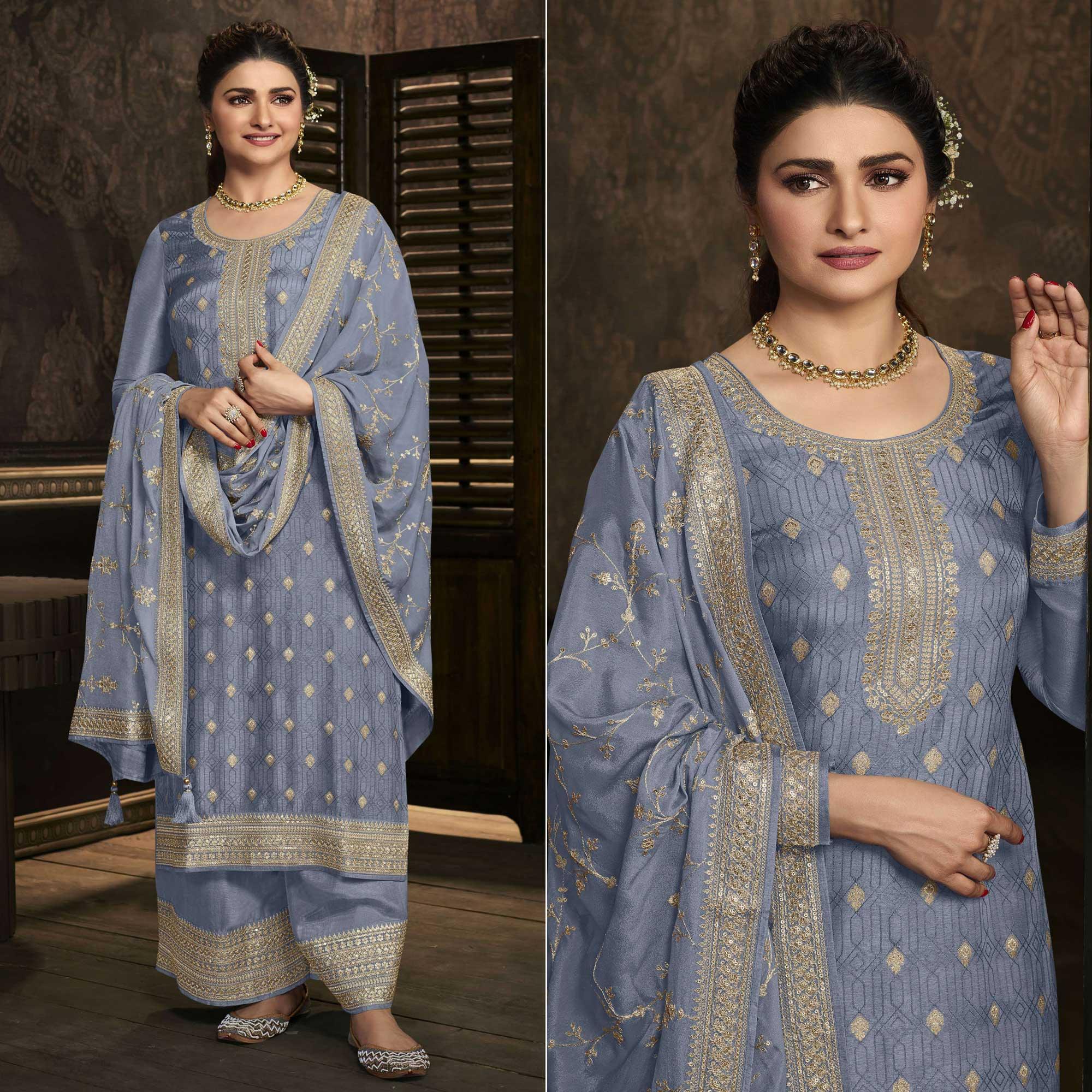 Blue Floral Sequence Embroidered Dola Silk Palazzo Suit - Peachmode