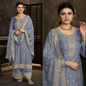 Blue Floral Sequence Embroidered Dola Silk Palazzo Suit - Peachmode