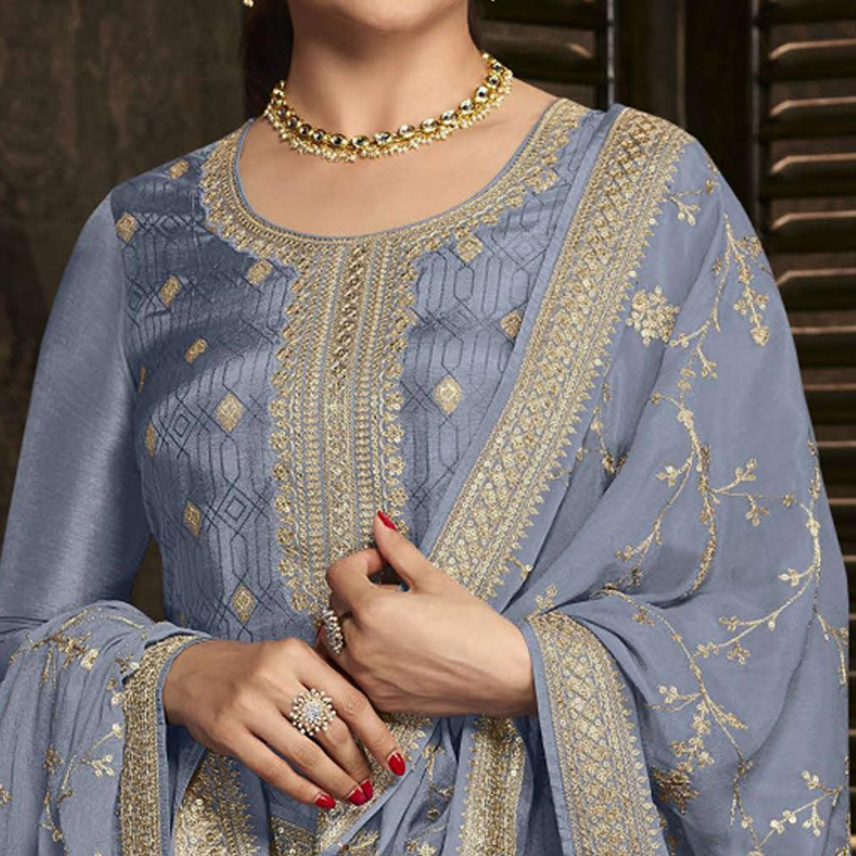 Blue Floral Sequence Embroidered Dola Silk Palazzo Suit - Peachmode