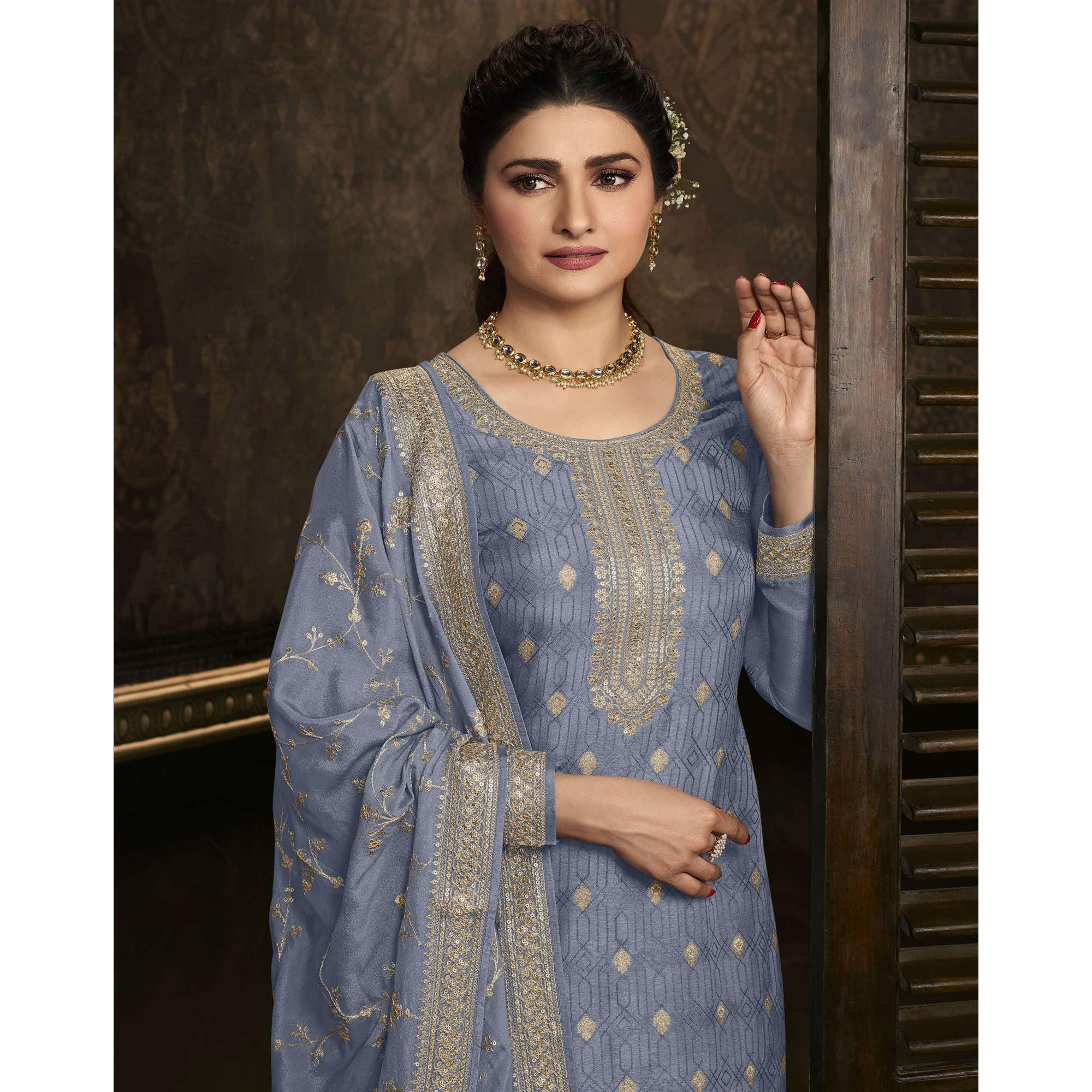 Blue Floral Sequence Embroidered Dola Silk Palazzo Suit - Peachmode