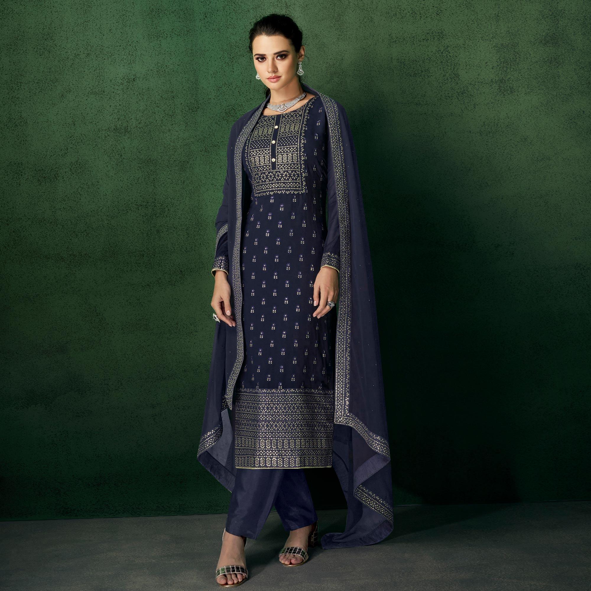 Blue Floral Sequence Embroidered Georgette Partywear Suit - Peachmode