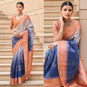 Blue Floral Woven Art Silk Saree - Peachmode