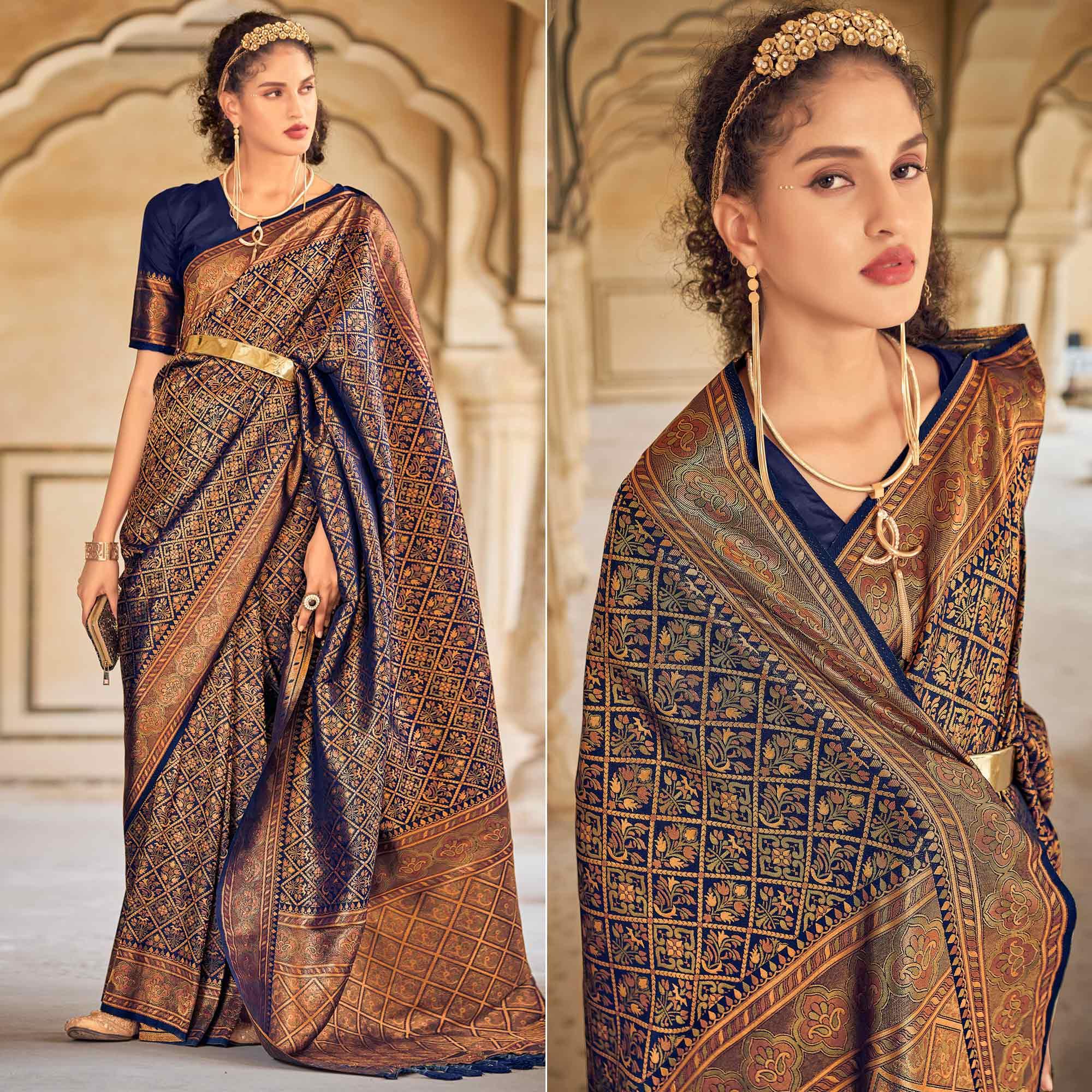 Blue Floral Woven Art Silk Saree - Peachmode