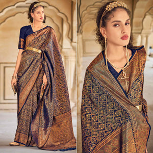 Blue Floral Woven Art Silk Saree - Peachmode