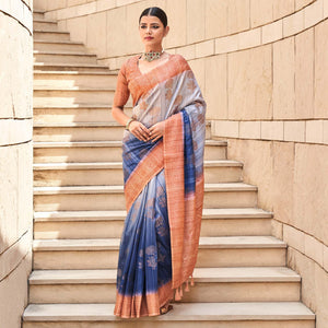 Blue Floral Woven Art Silk Saree - Peachmode