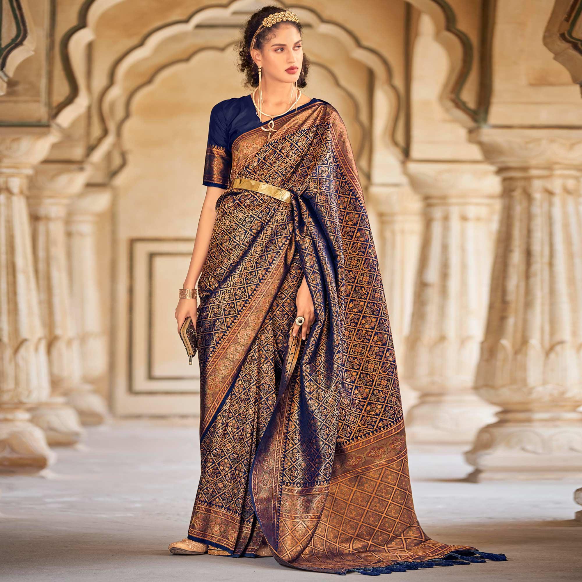 Blue Floral Woven Art Silk Saree - Peachmode
