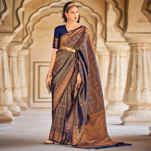 Blue Floral Woven Art Silk Saree - Peachmode