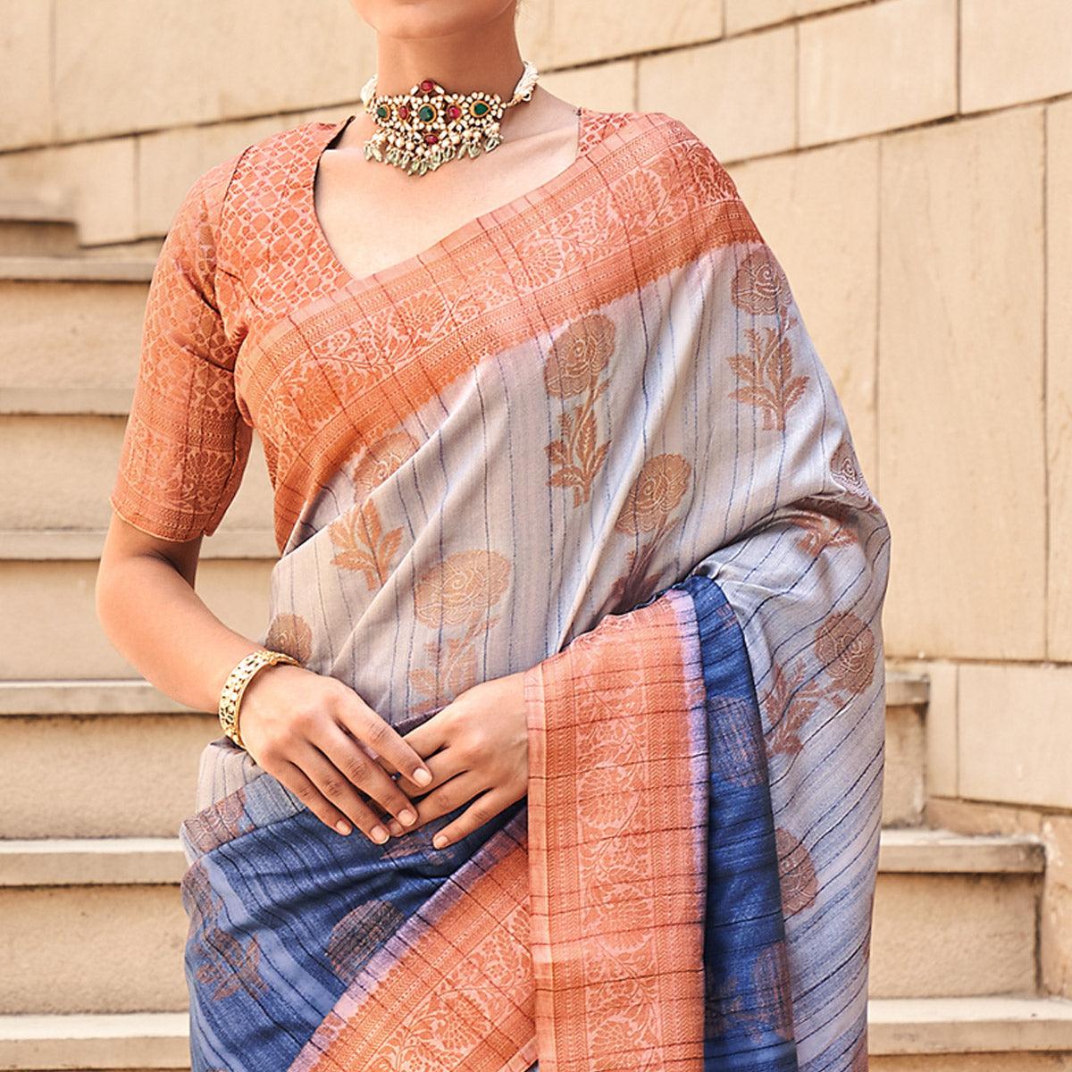 Blue Floral Woven Art Silk Saree - Peachmode