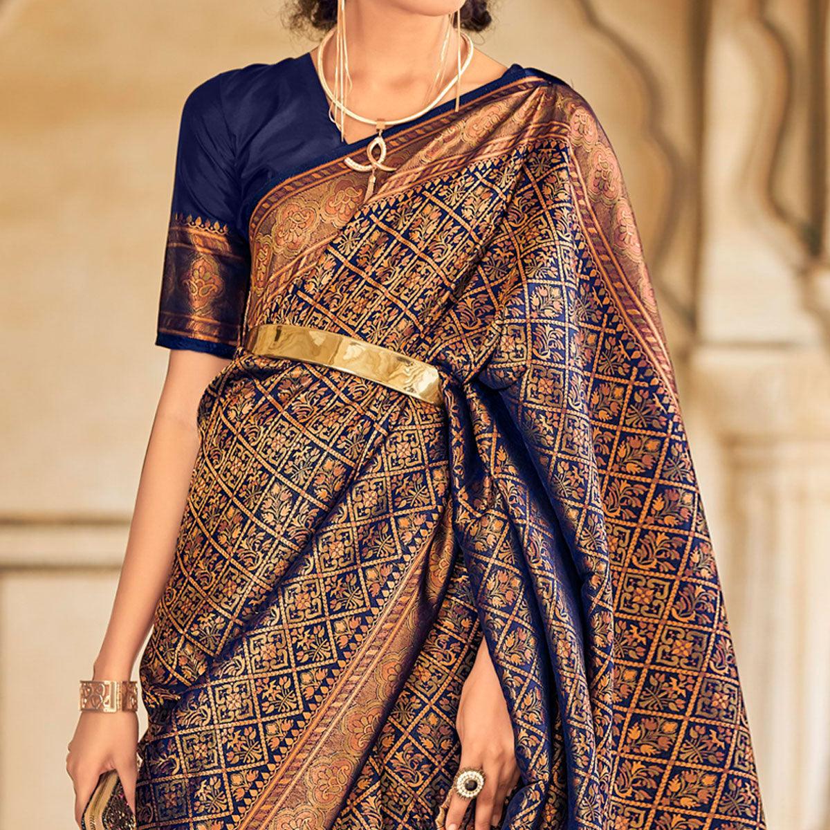 Blue Floral Woven Art Silk Saree - Peachmode