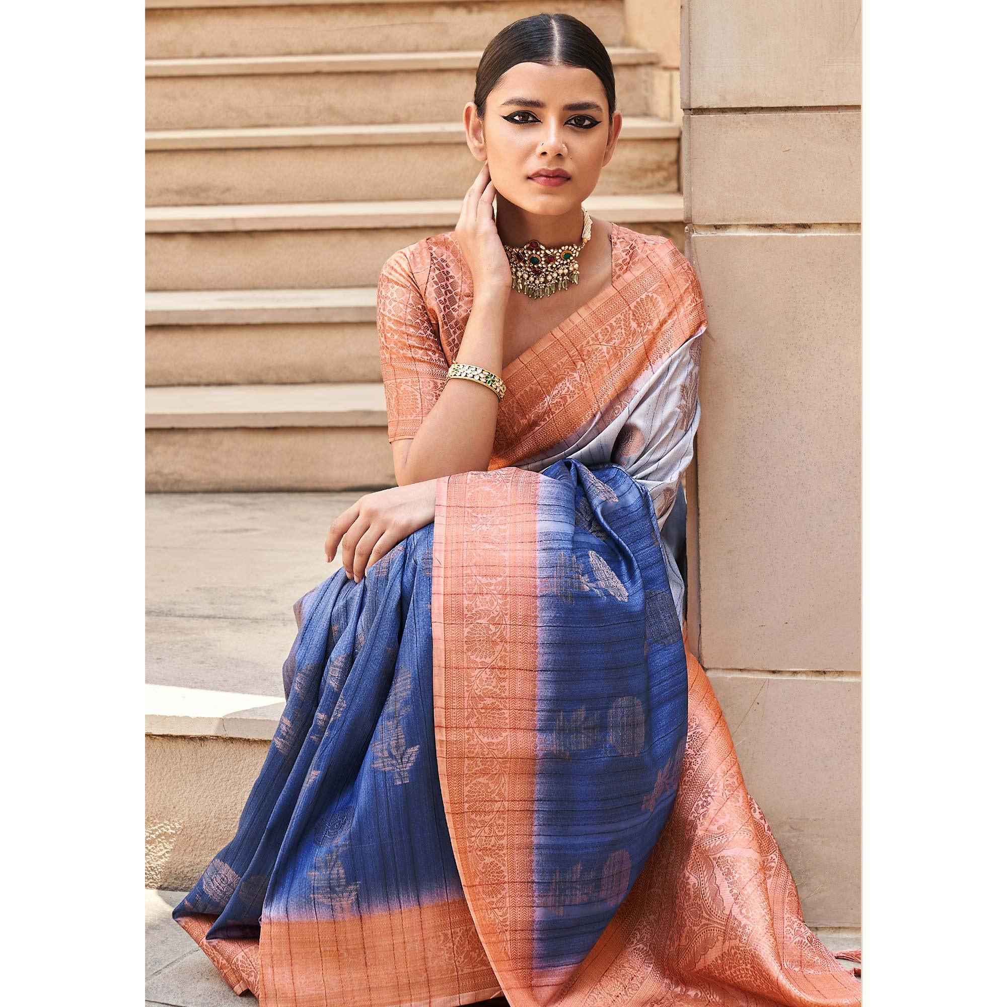 Blue Floral Woven Art Silk Saree - Peachmode