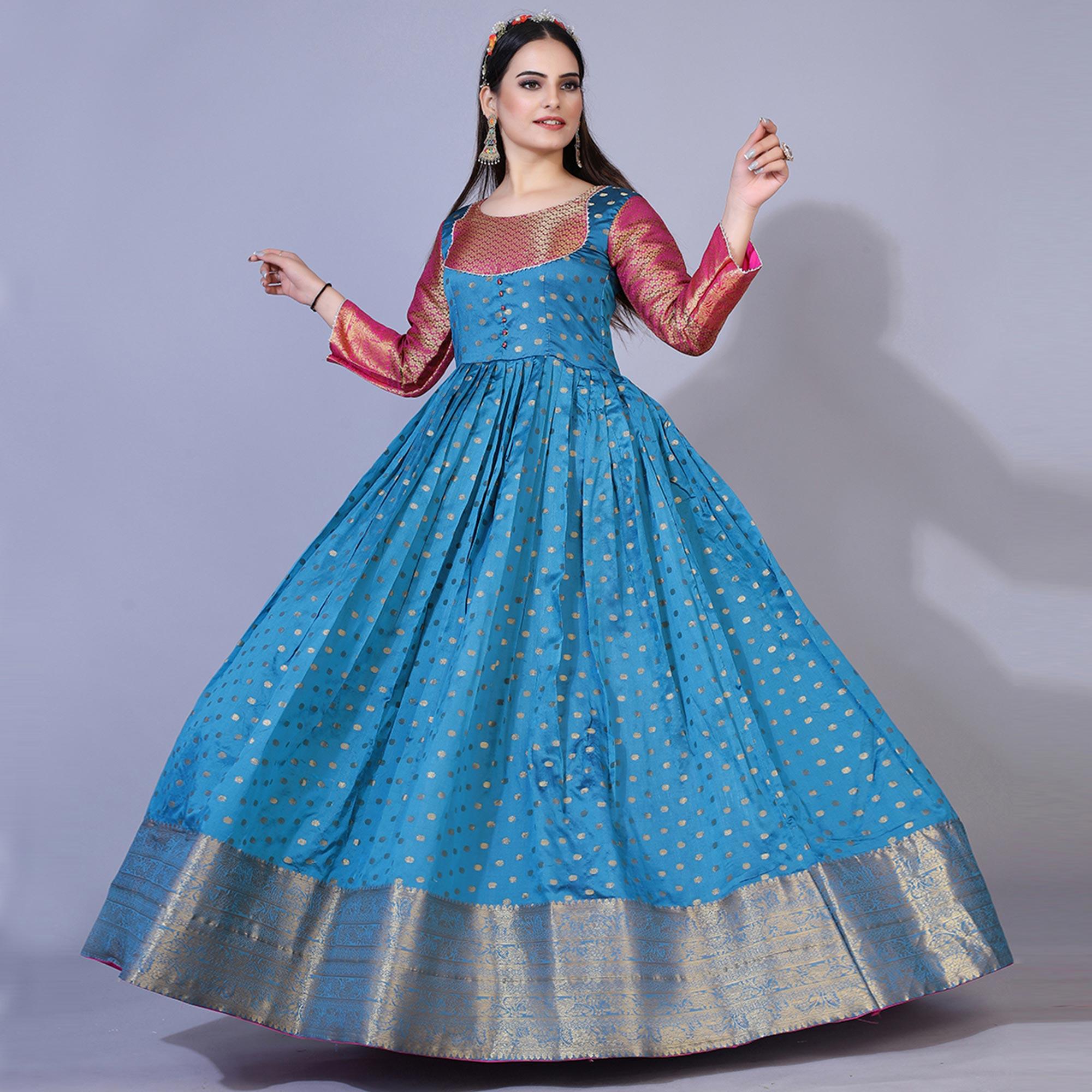 Blue Floral Woven Jacquard Anarkali Style Gown - Peachmode