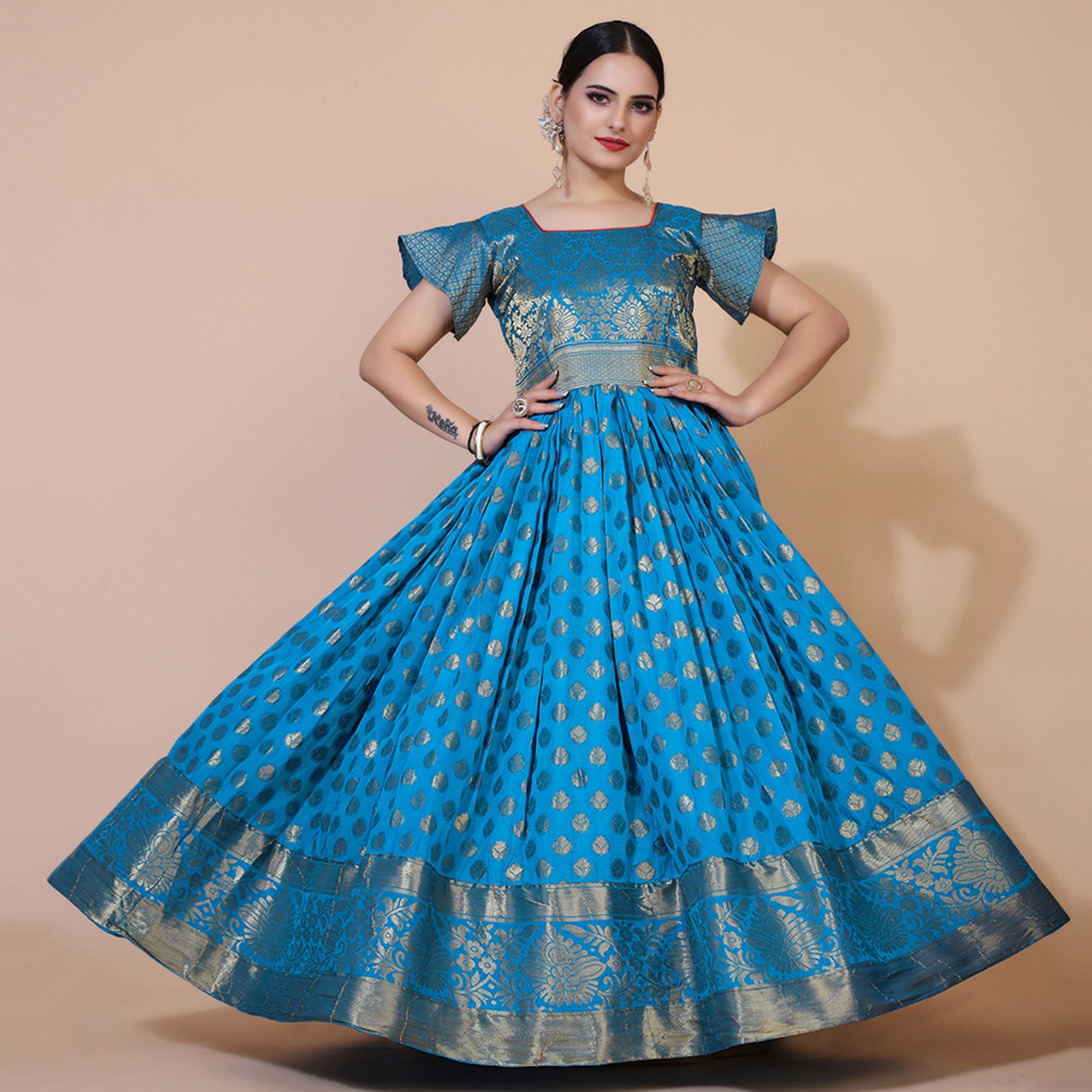 Blue Floral Woven Jacquard Anarkali Style Gown - Peachmode