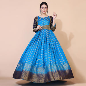 Blue Floral Woven Jacquard Anarkali Style Gown - Peachmode