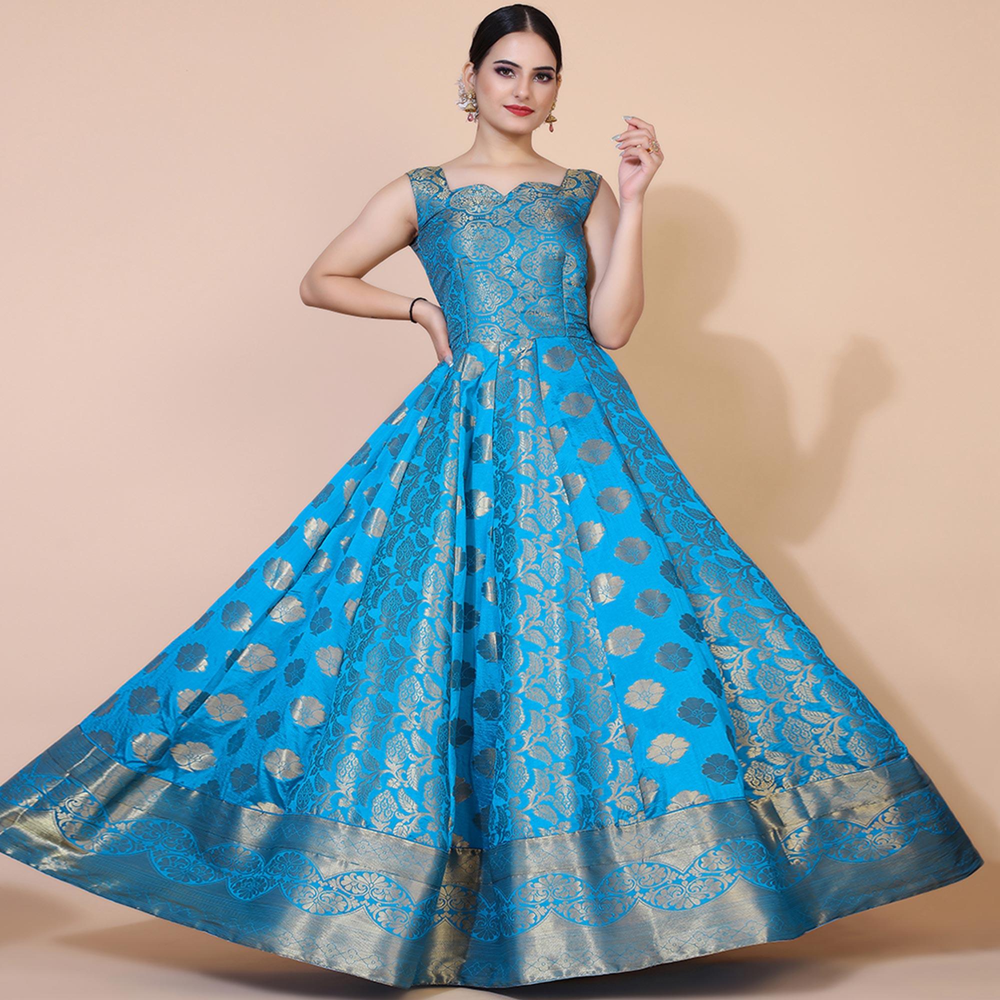 Blue Floral Woven Jacquard Anarkali Style Gown - Peachmode