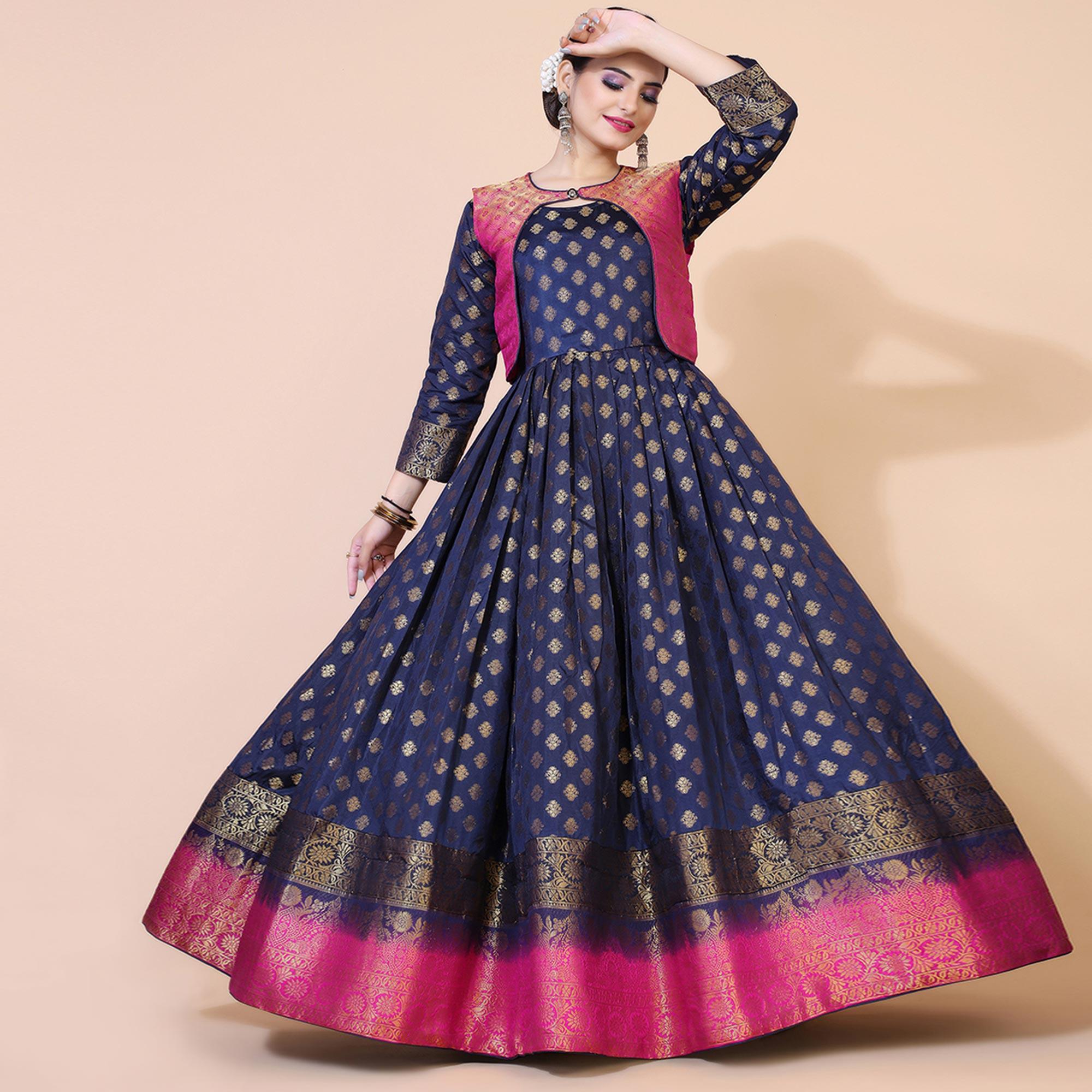 Blue Floral Woven Jacquard Anarkali Style Gown - Peachmode