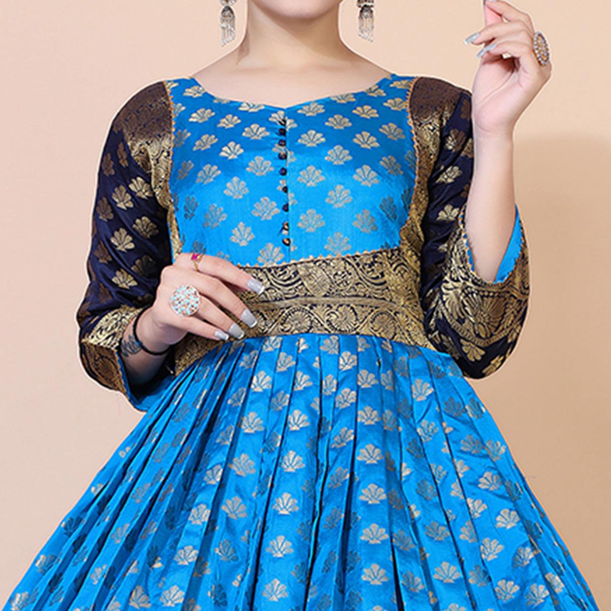 Blue Floral Woven Jacquard Anarkali Style Gown - Peachmode