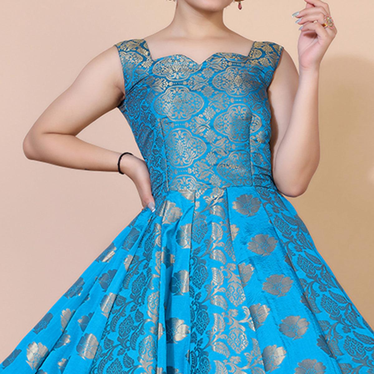 Blue Floral Woven Jacquard Anarkali Style Gown - Peachmode