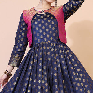 Blue Floral Woven Jacquard Anarkali Style Gown - Peachmode