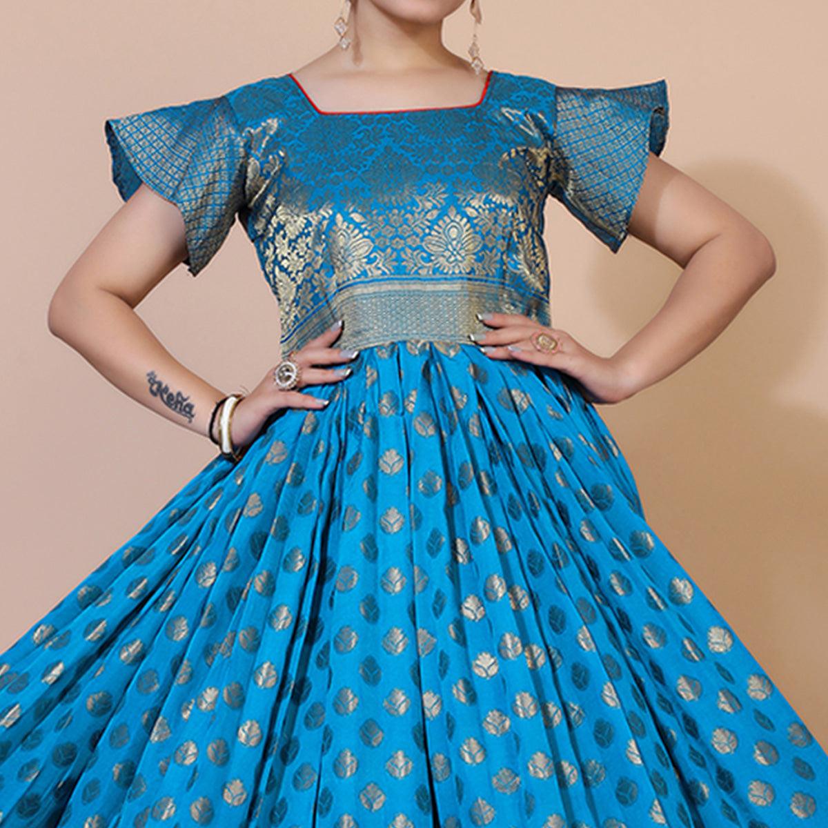 Blue Floral Woven Jacquard Anarkali Style Gown - Peachmode