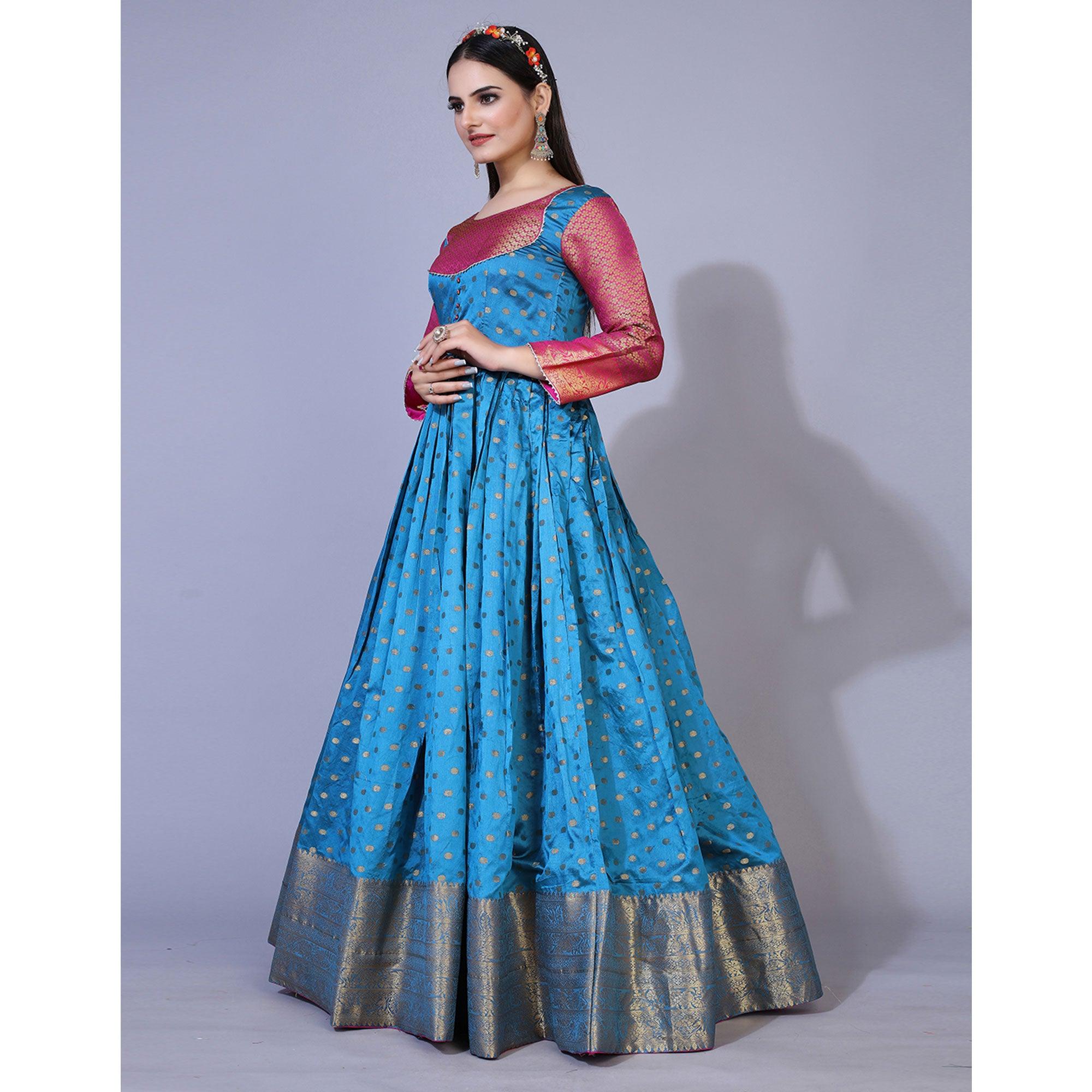 Blue Floral Woven Jacquard Anarkali Style Gown - Peachmode
