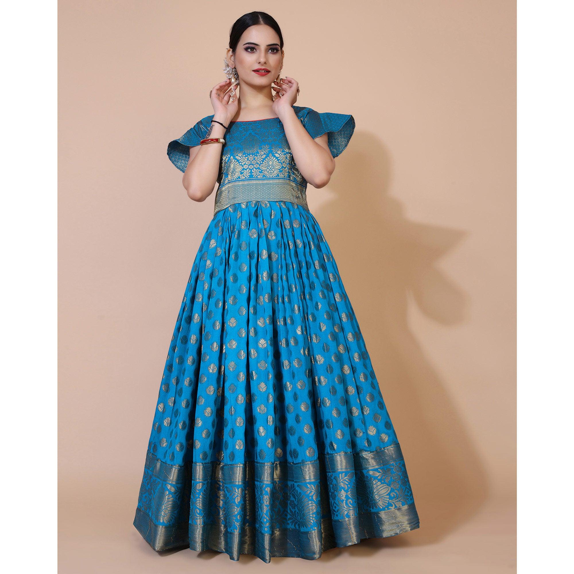 Blue Floral Woven Jacquard Anarkali Style Gown - Peachmode