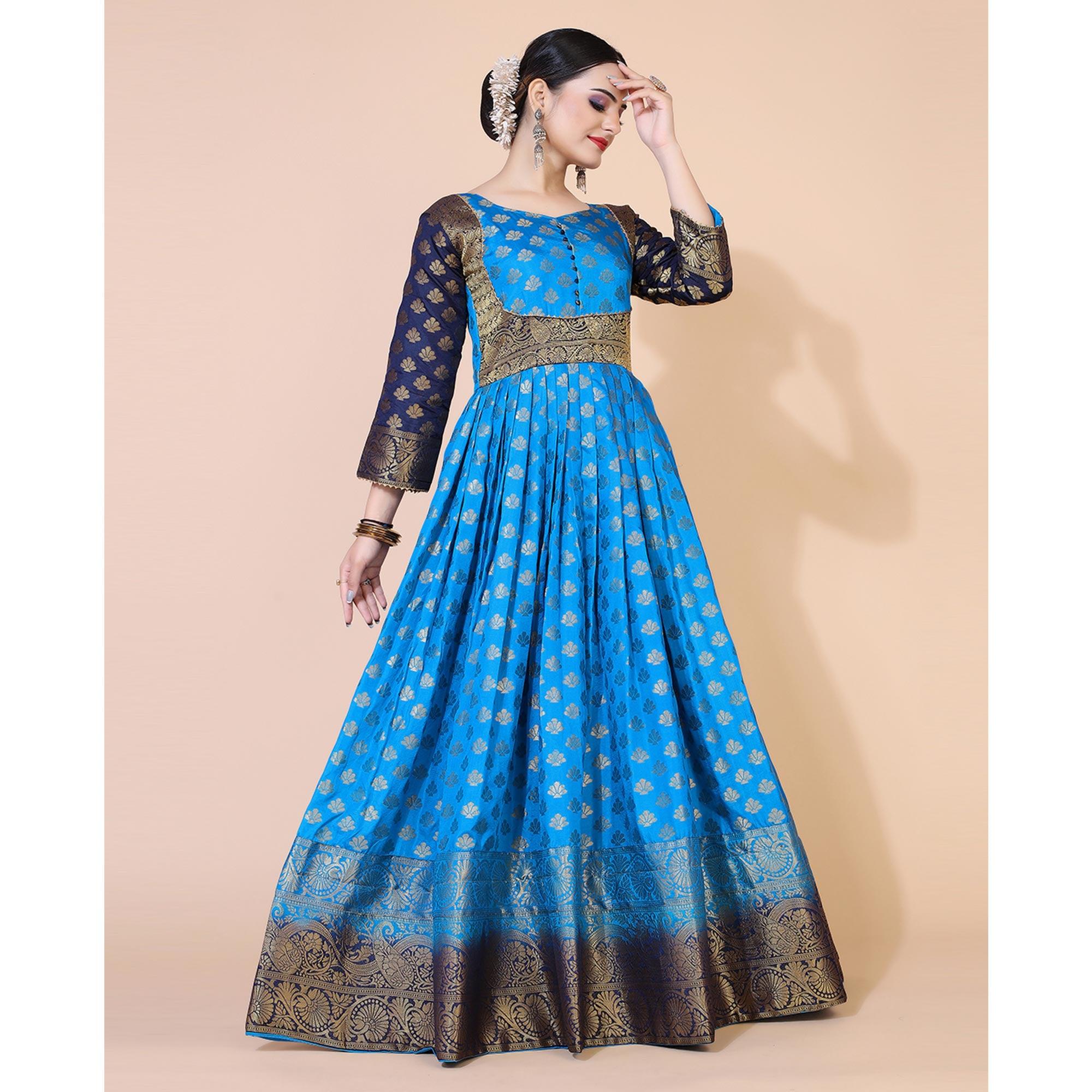 Blue Floral Woven Jacquard Anarkali Style Gown - Peachmode