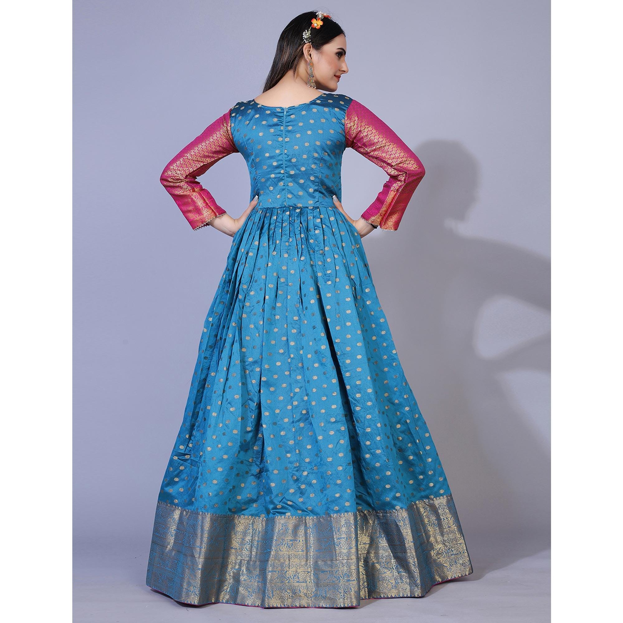 Blue Floral Woven Jacquard Anarkali Style Gown - Peachmode