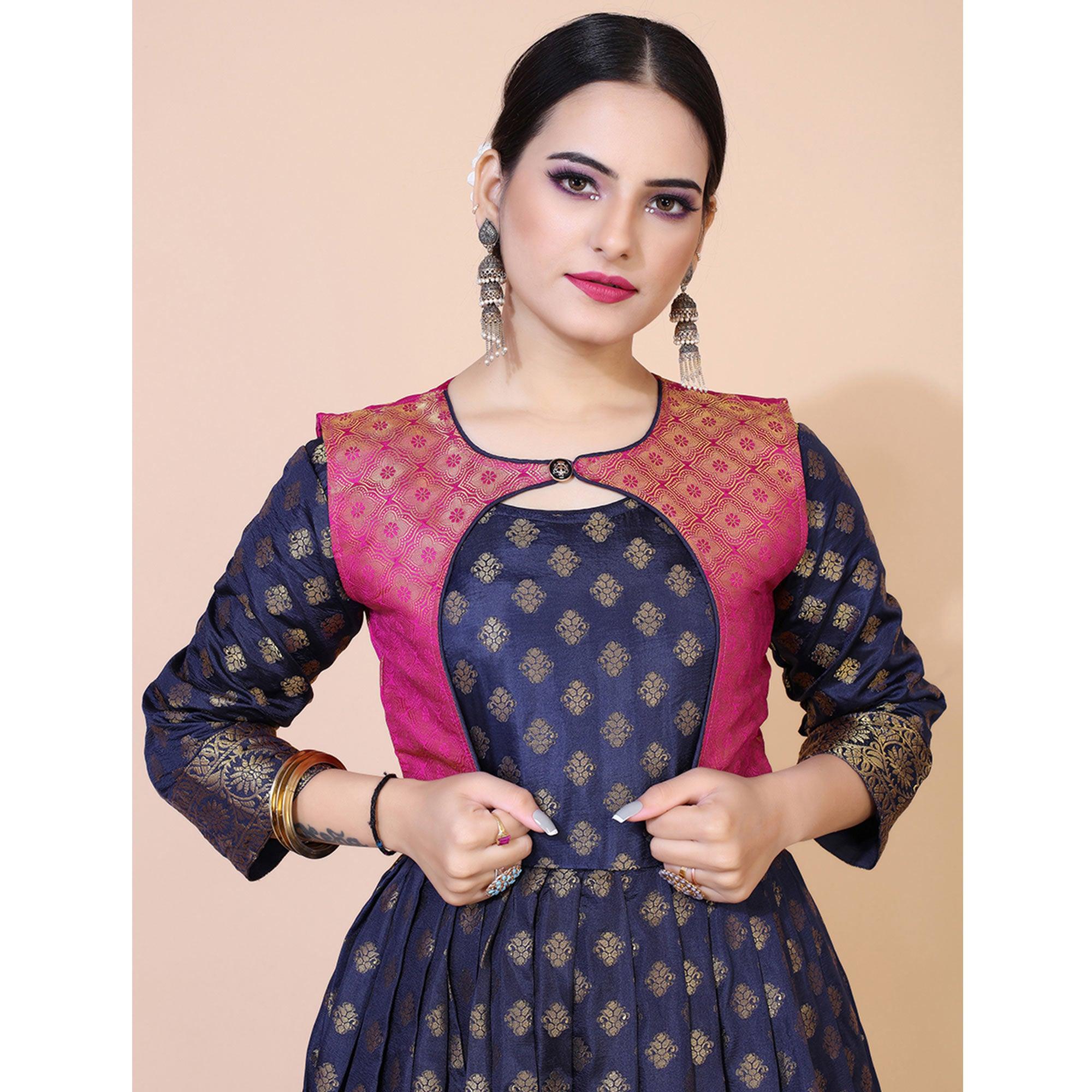 Blue Floral Woven Jacquard Anarkali Style Gown - Peachmode